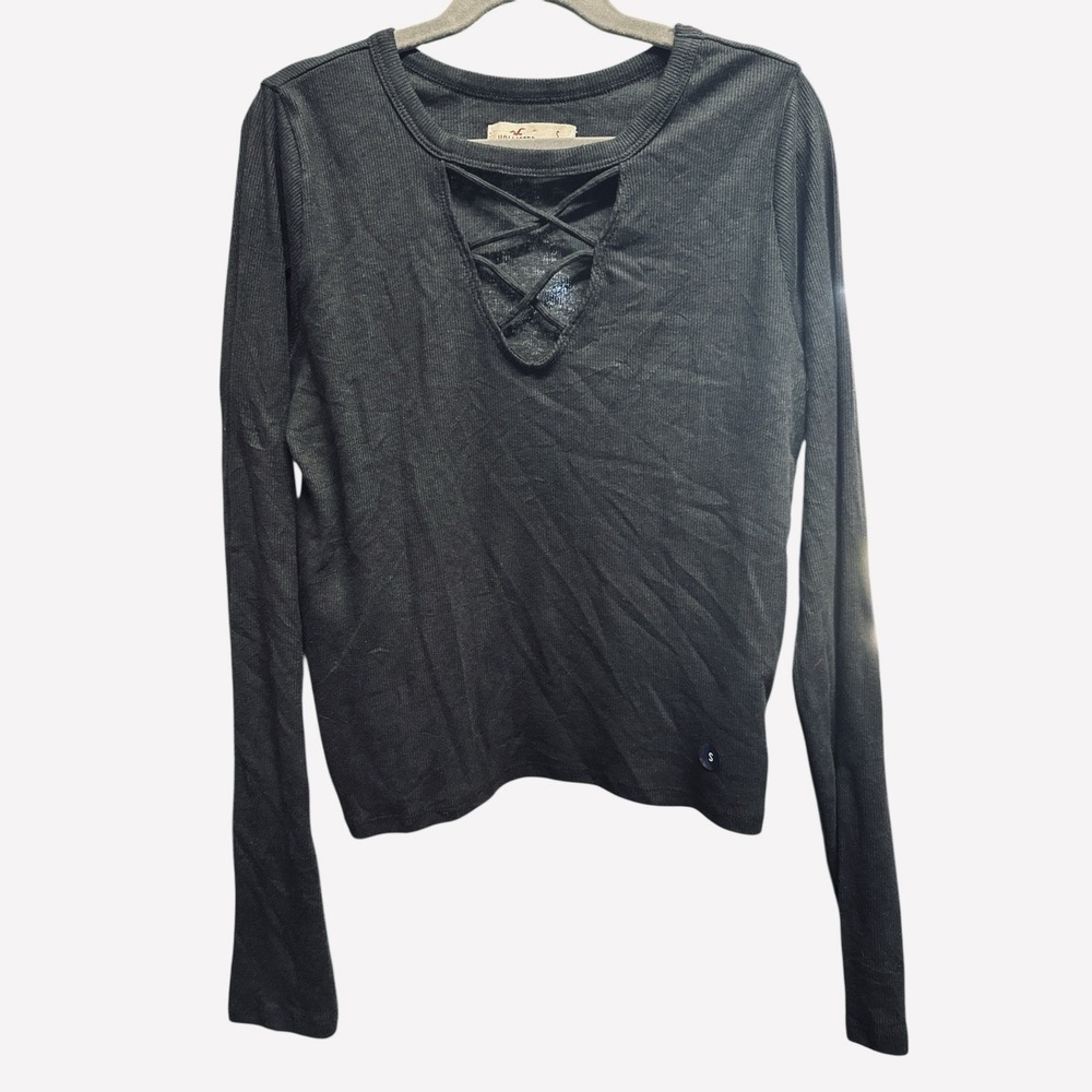 Y2K Hollister Long Sleeve Black Ribbed Lace-up Criss Cross Grunge Top Size Small